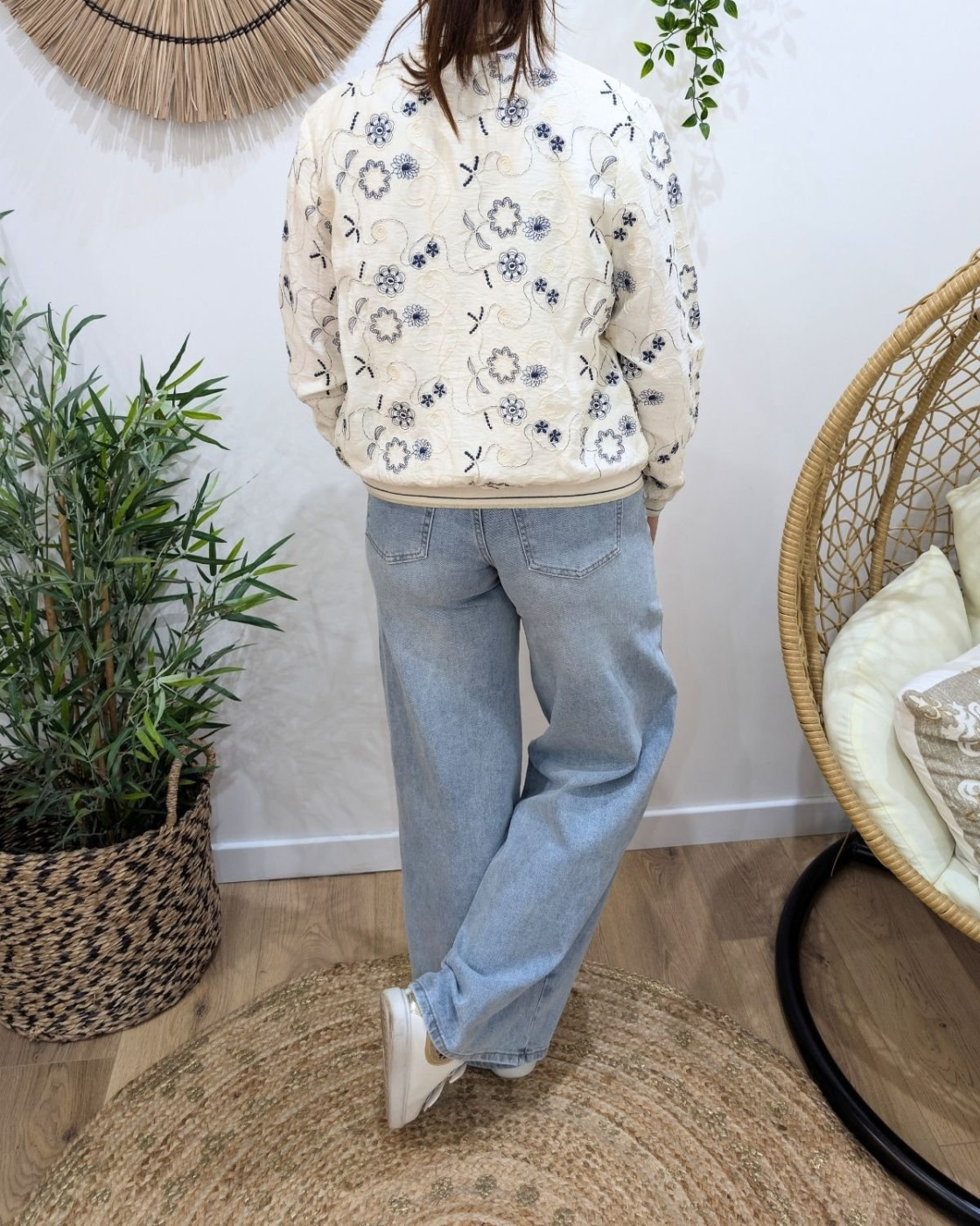Bombers femme beige fleurs brodées bleu marine Ysoriah