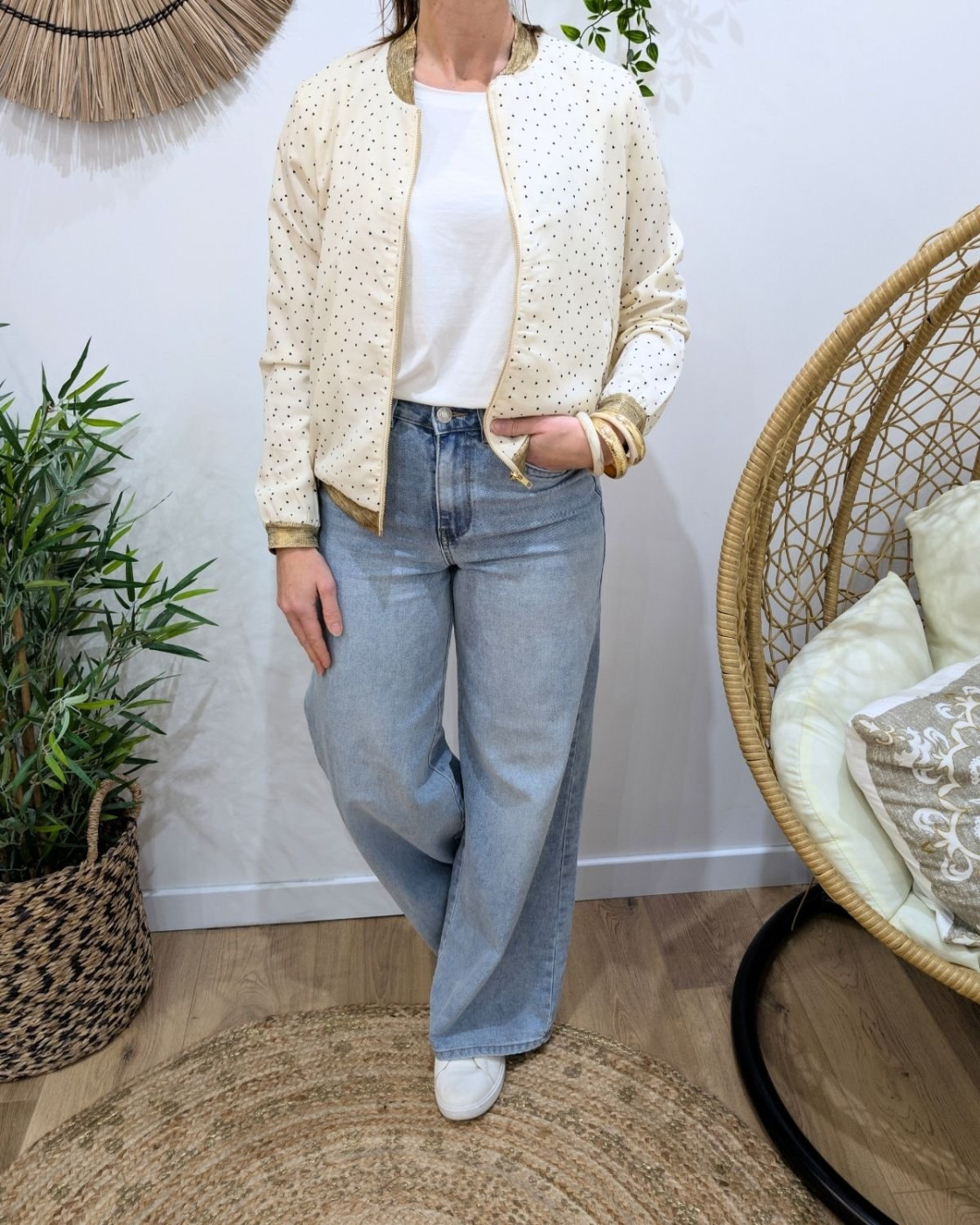 Bombers femme ecru fleurs petits coeurs noirs Adela