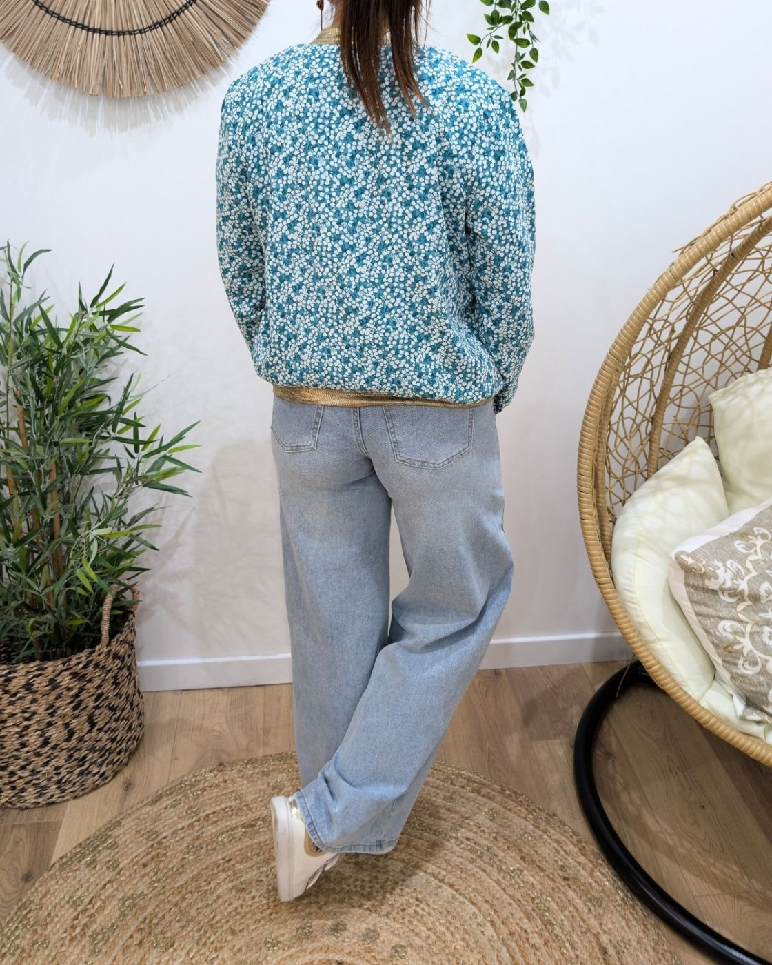 Bombers femme vert petites fleurs blanches Adelaida