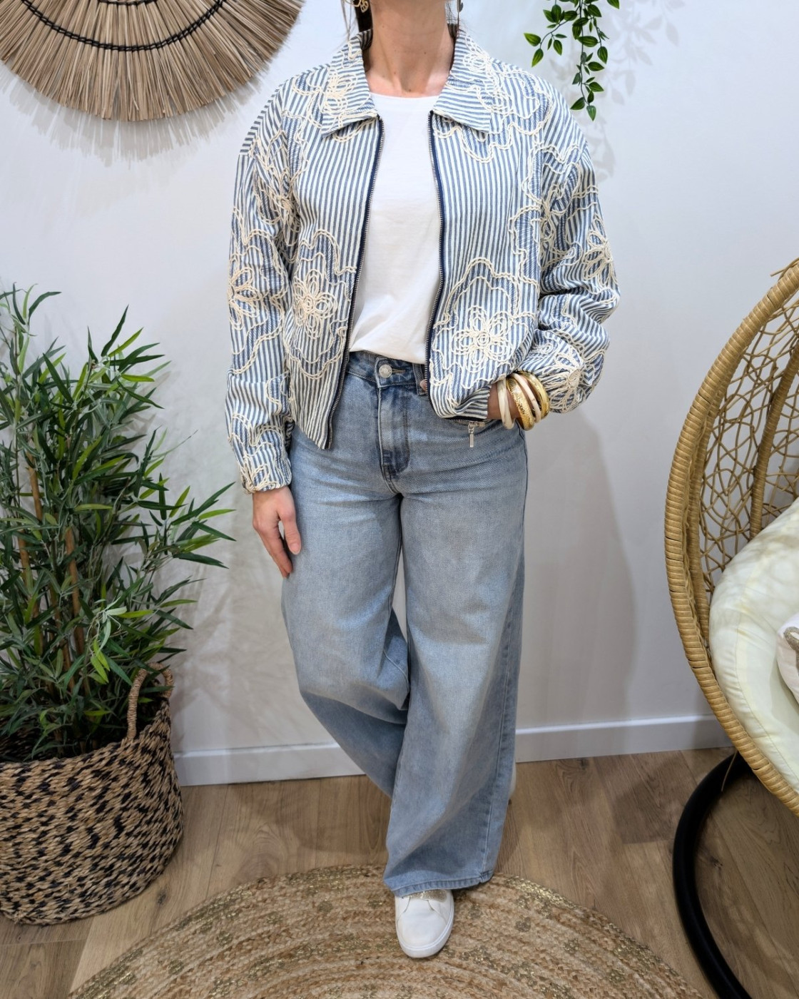 Bombers femme rayé à broderies beige et bleu jean Adélija