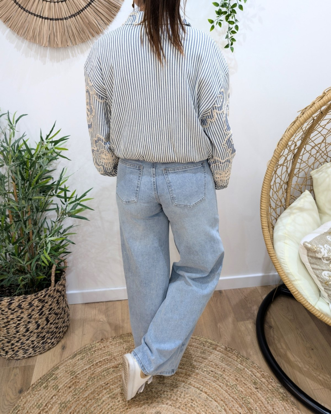 Bombers femme rayé à broderies beige et bleu jean Adélija