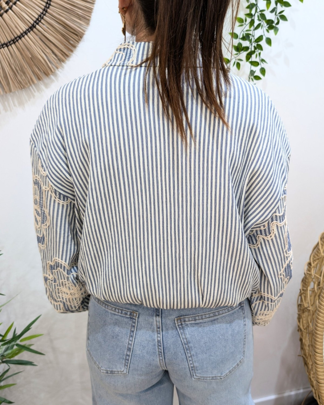 Bombers femme rayé à broderies beige et bleu jean Adélija