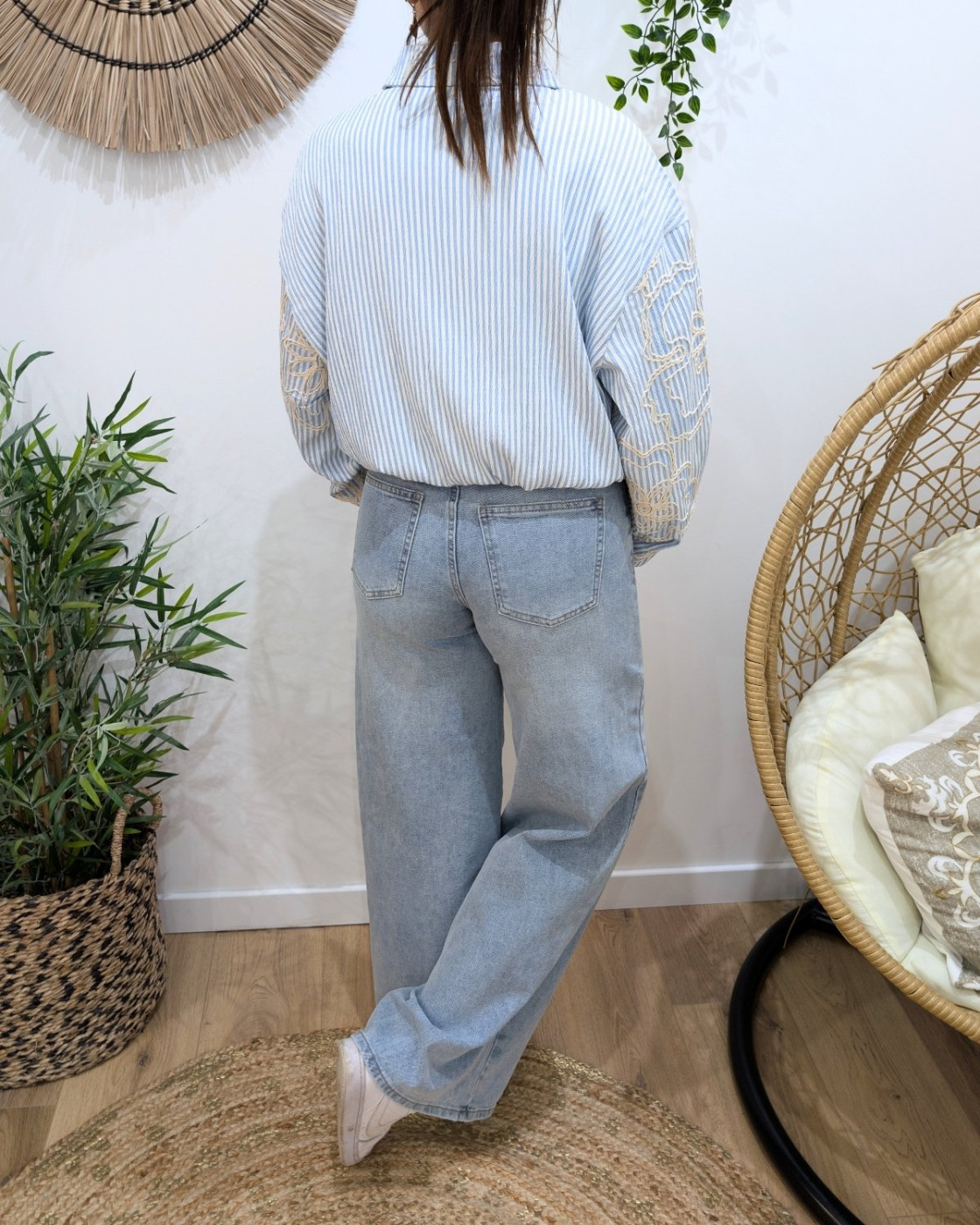 Bombers femme rayé à broderies beige et bleu ciel Adélija