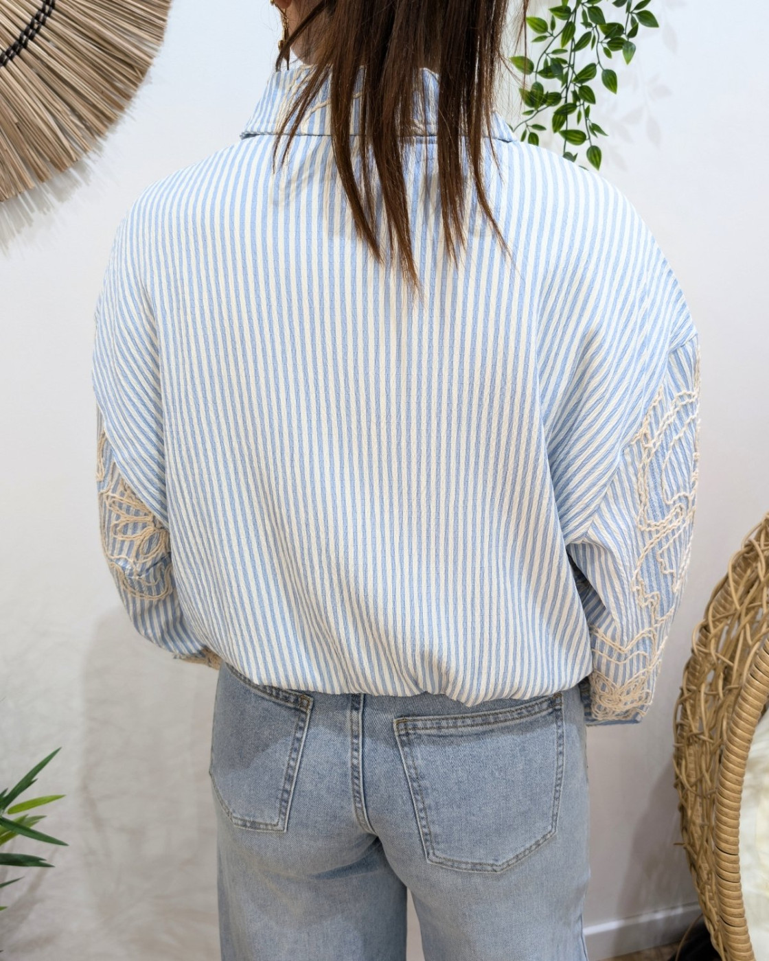 Bombers femme rayé à broderies beige et bleu ciel Adélija