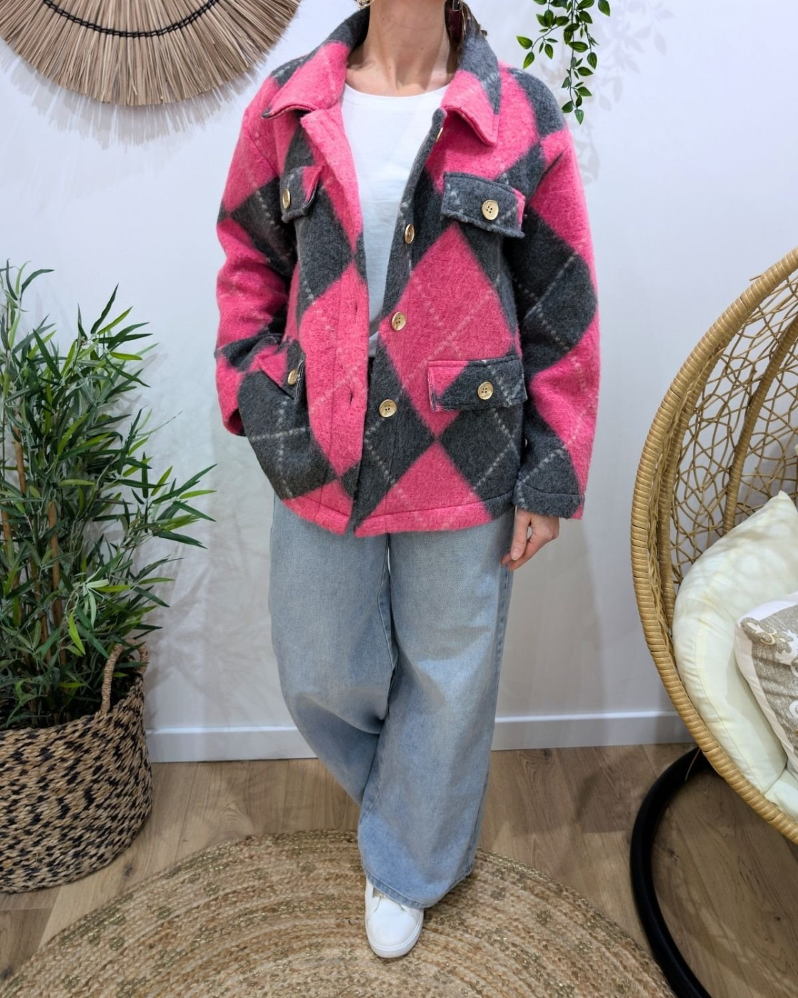 Veste épaisse femme losanges rose et gris