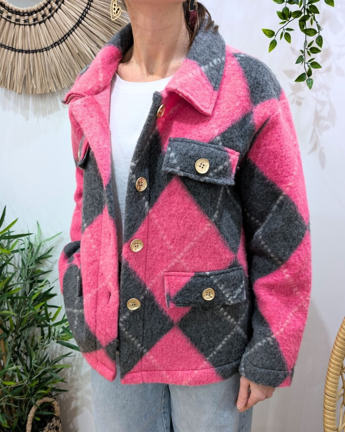 Veste épaisse femme losanges rose et gris