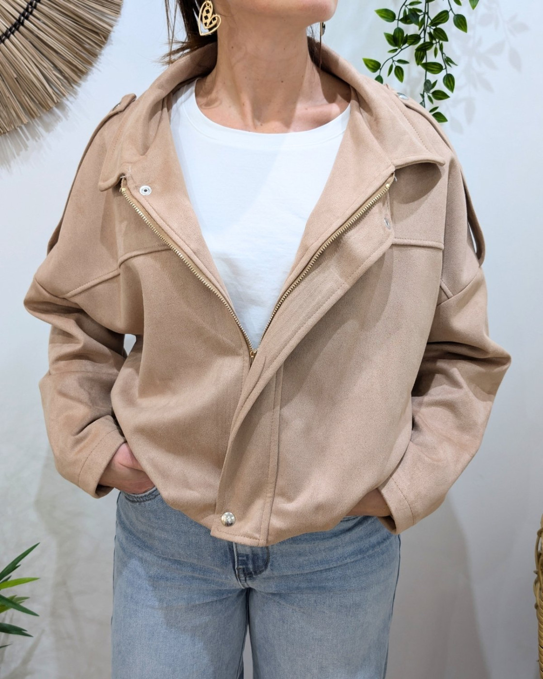 Veste femme suédine effet bombers camel clair