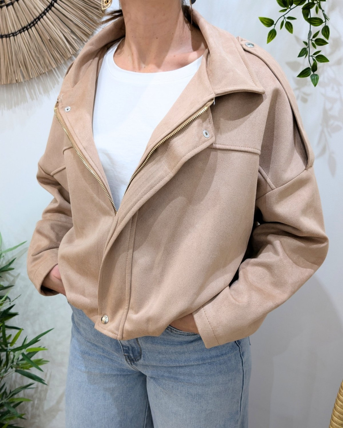 Veste femme suédine effet bombers camel clair