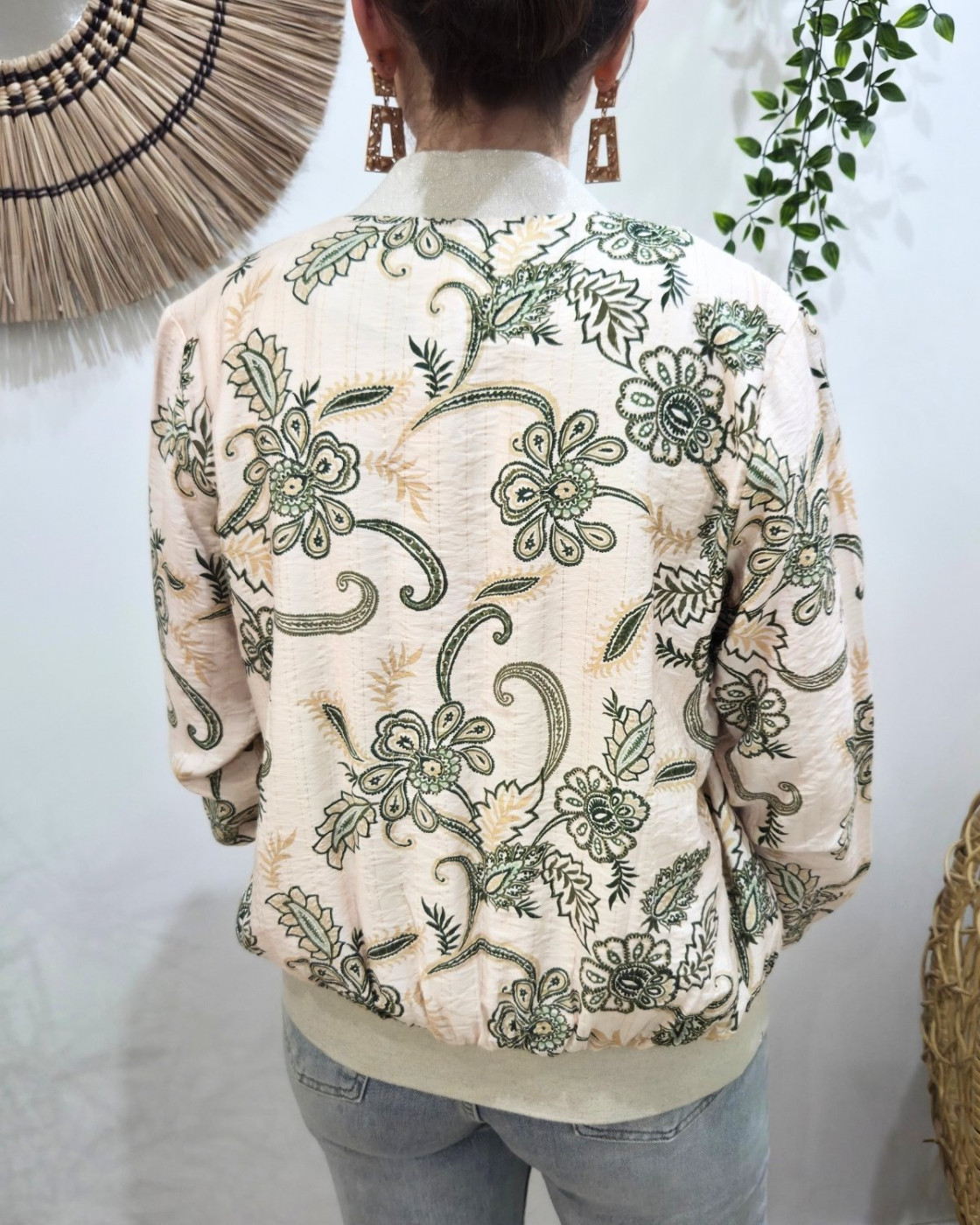 Bombers femme beige à motifs fleuris verts Marcella