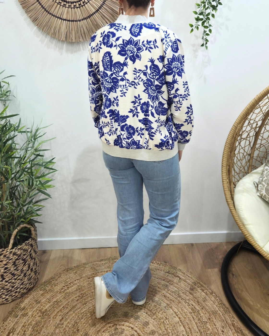 Bombers femme beige fleurs bleues roi Paolina