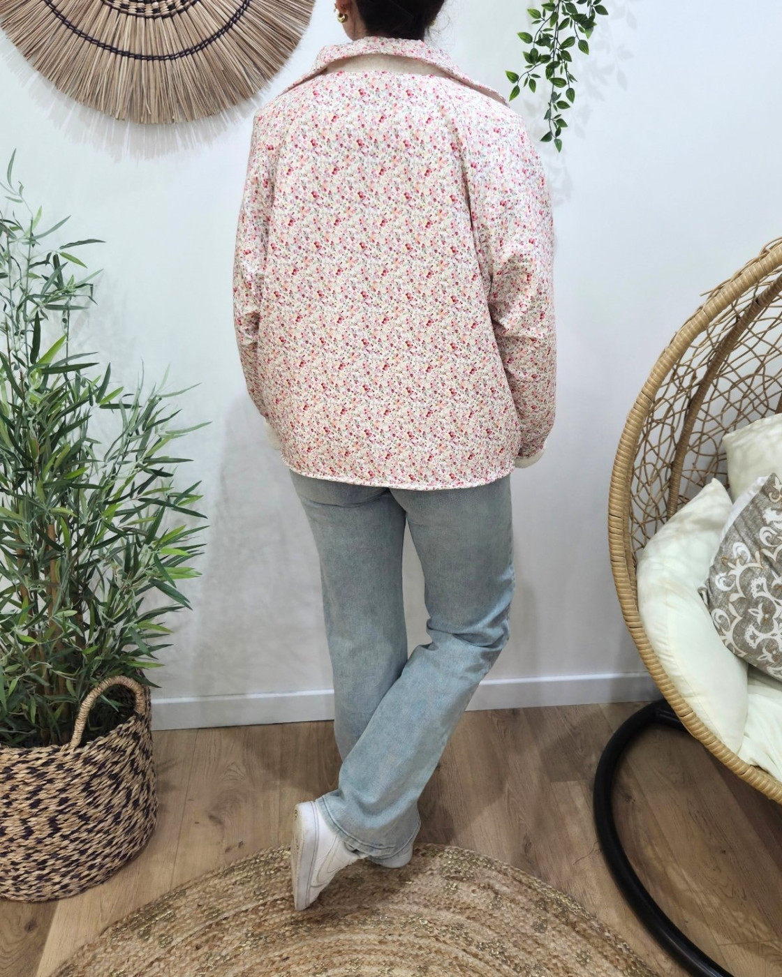 Veste femme à pressions imitation mouton réversible - écru floral