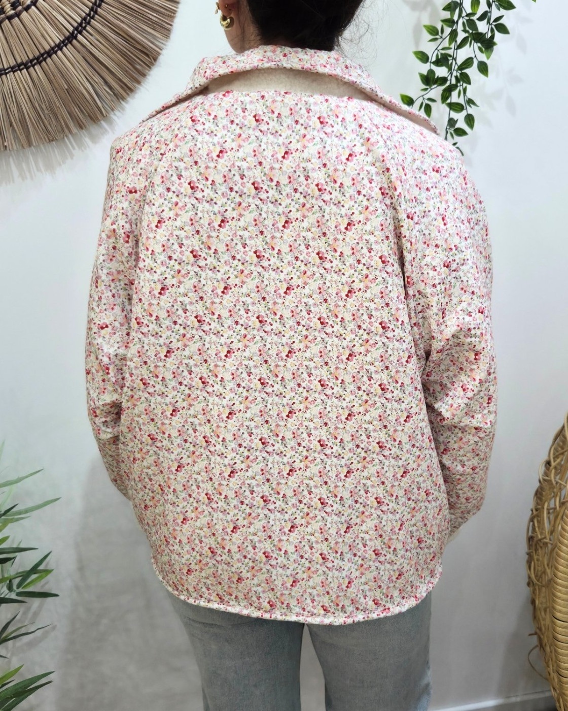 Veste femme à pressions imitation mouton réversible - écru floral