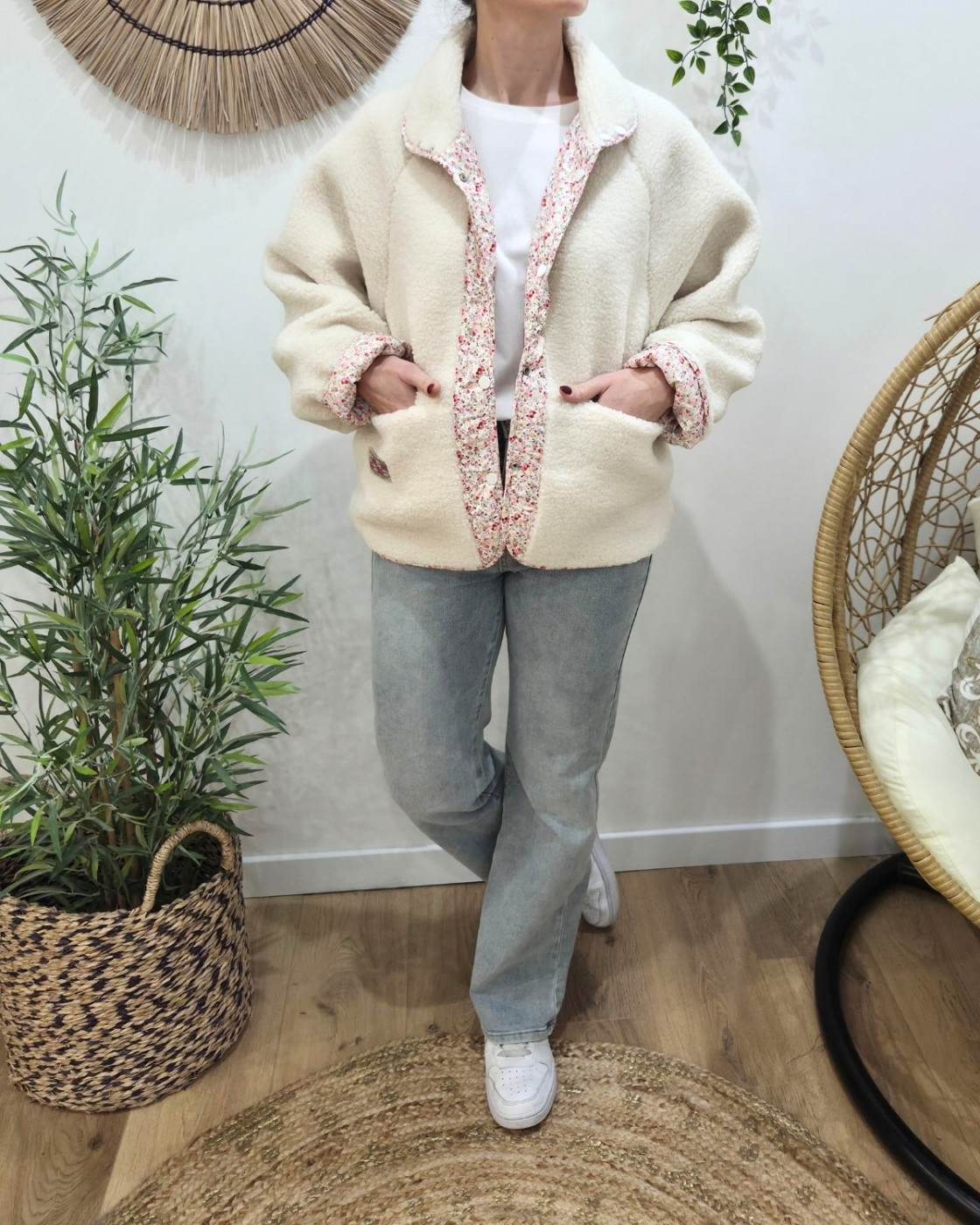 Veste femme à pressions imitation mouton réversible - écru floral