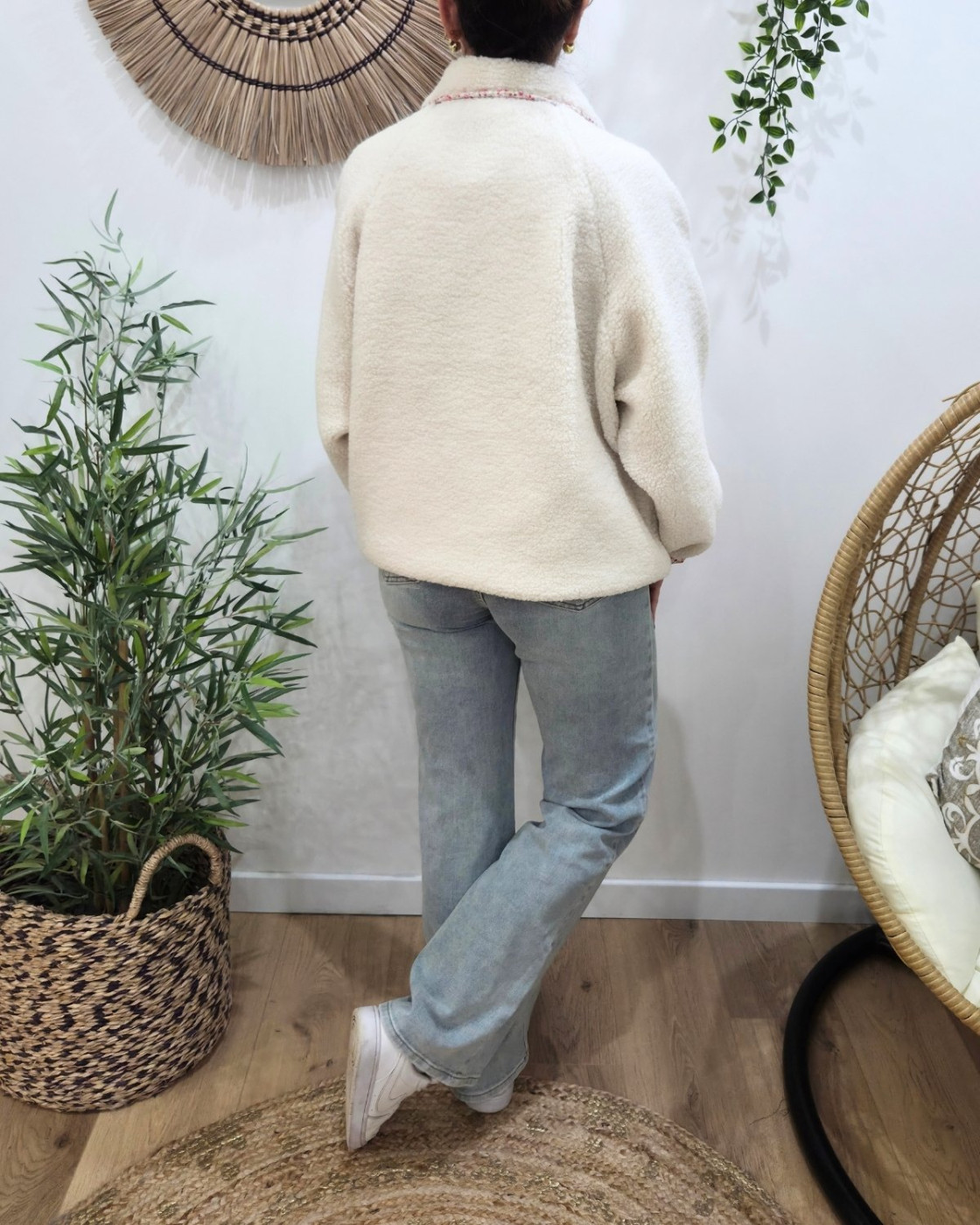 Veste femme à pressions imitation mouton réversible - écru floral