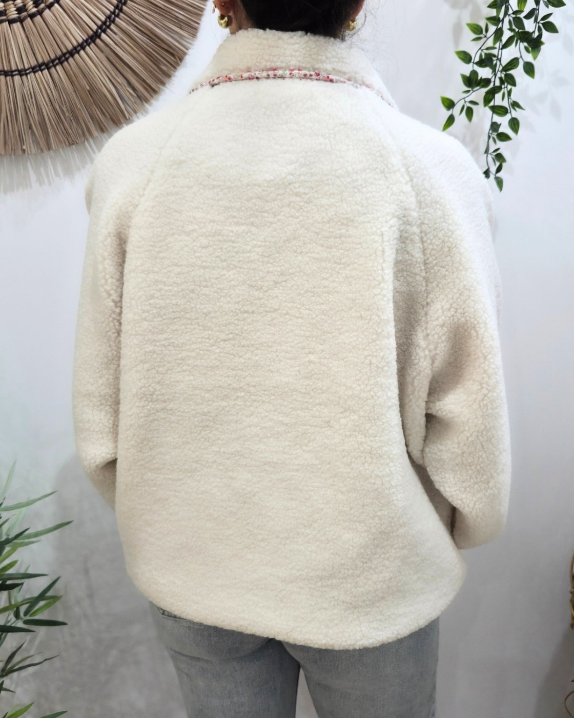 Veste femme à pressions imitation mouton réversible - écru floral