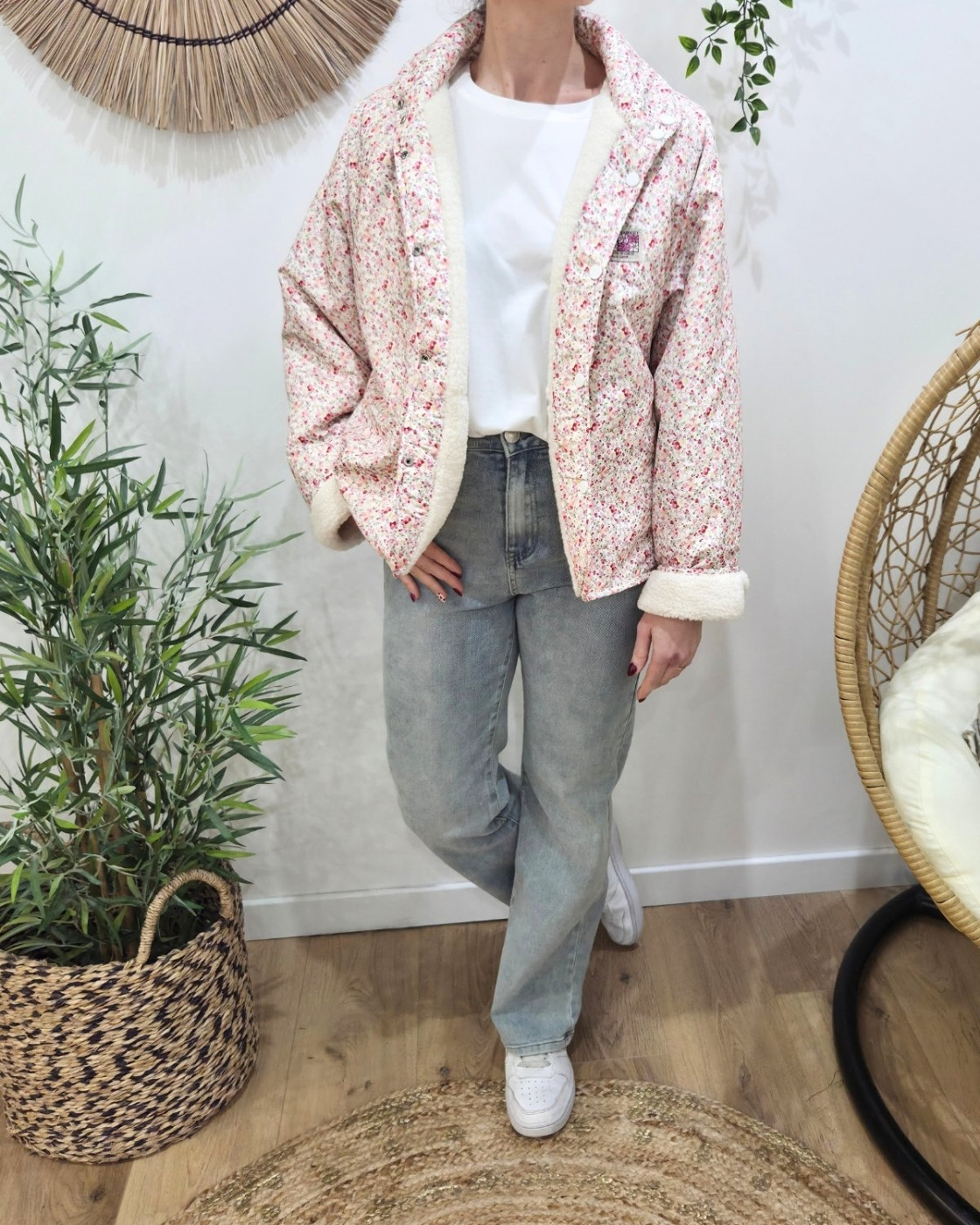 Veste femme à pressions imitation mouton réversible - écru floral