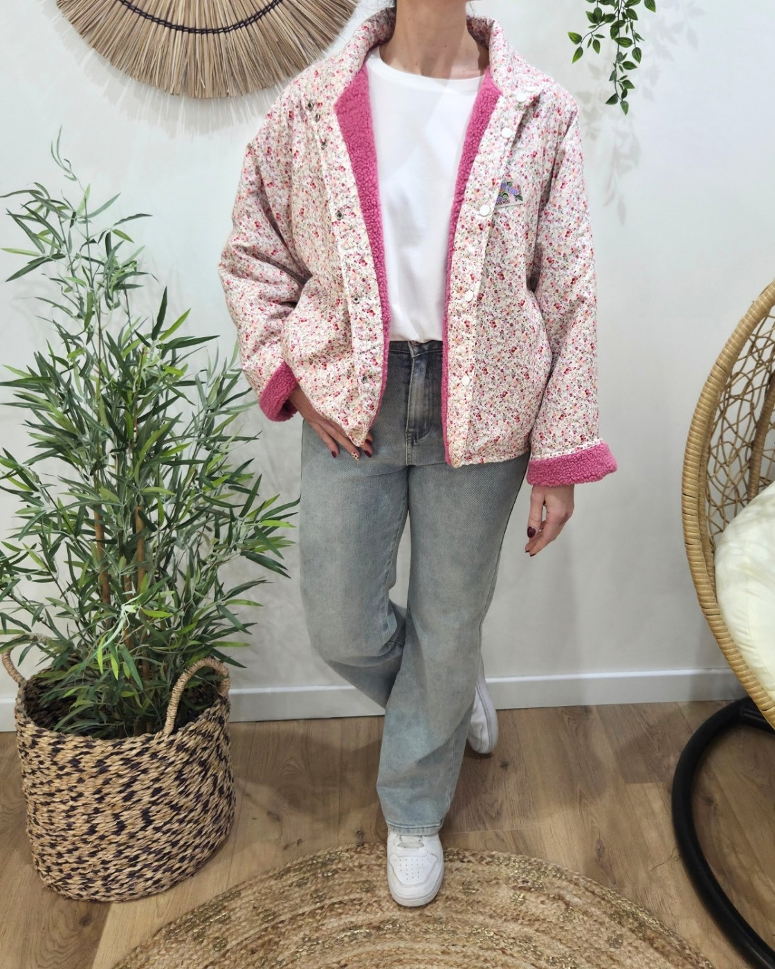 Veste femme à pressions imitation mouton réversible - rose floral