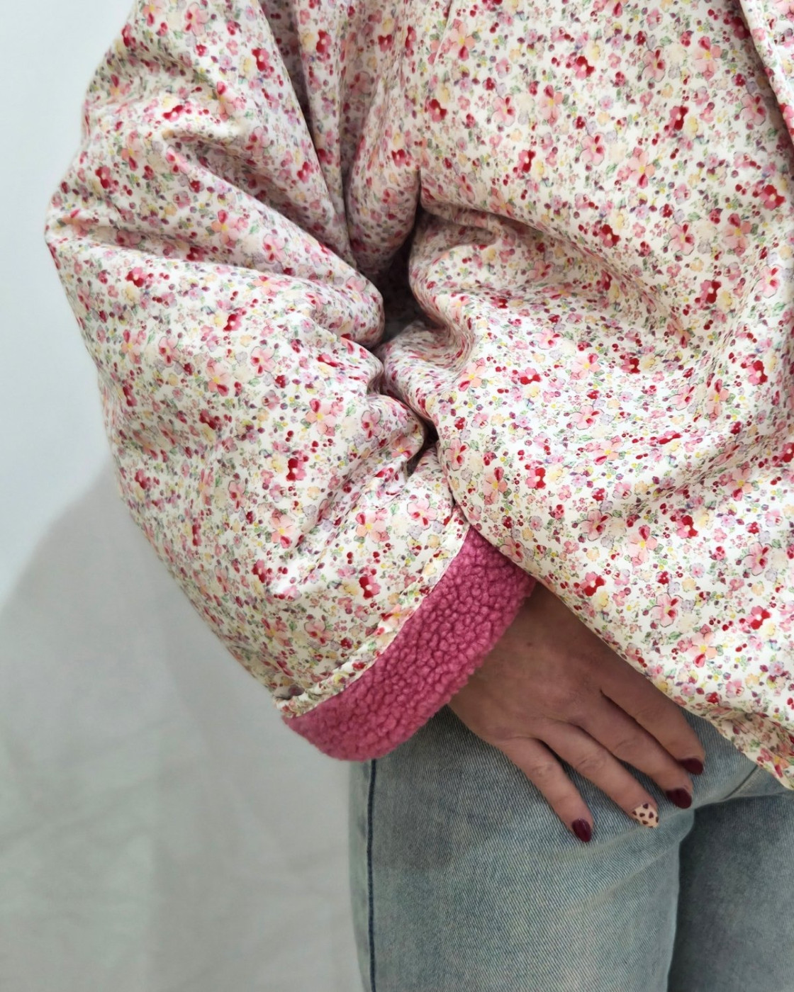 Veste femme à pressions imitation mouton réversible - rose floral