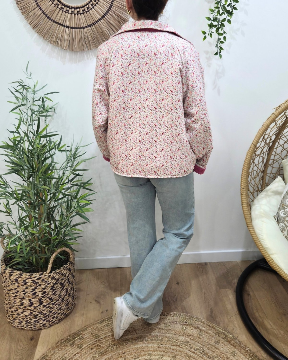 Veste femme à pressions imitation mouton réversible - rose floral