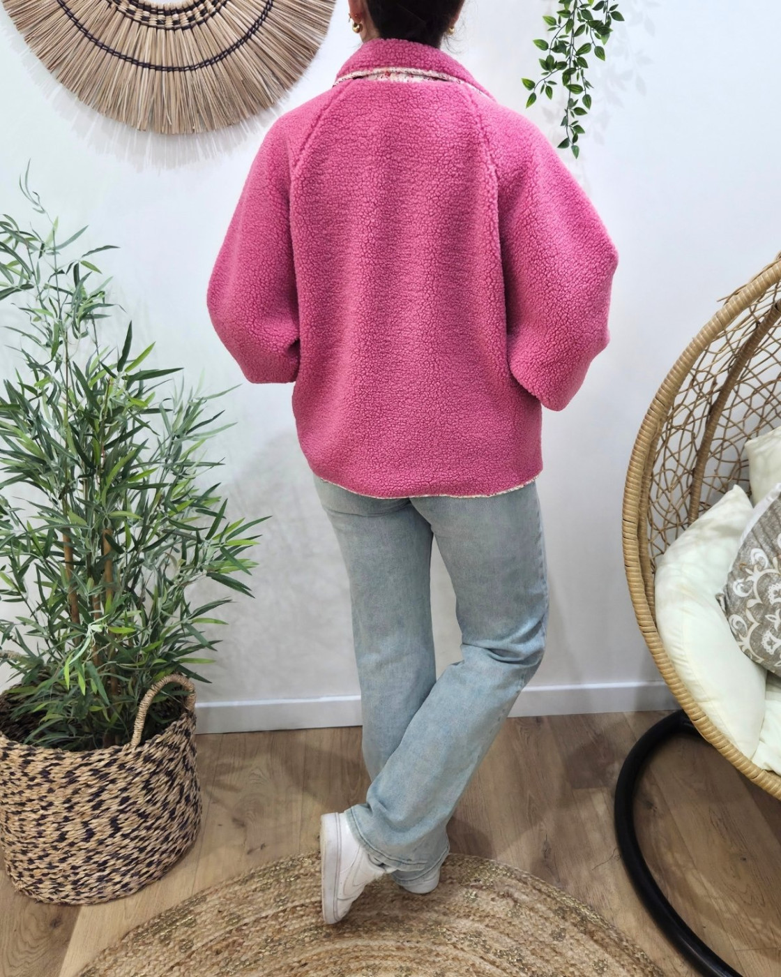 Veste femme à pressions imitation mouton réversible - rose floral