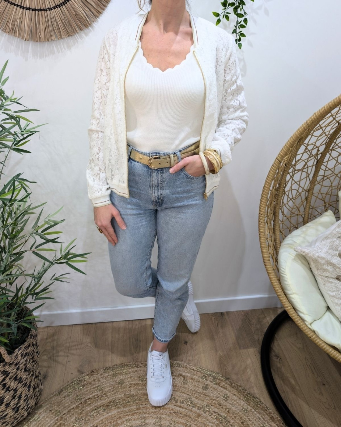 Bombers femme écru dentelle petites fleurs