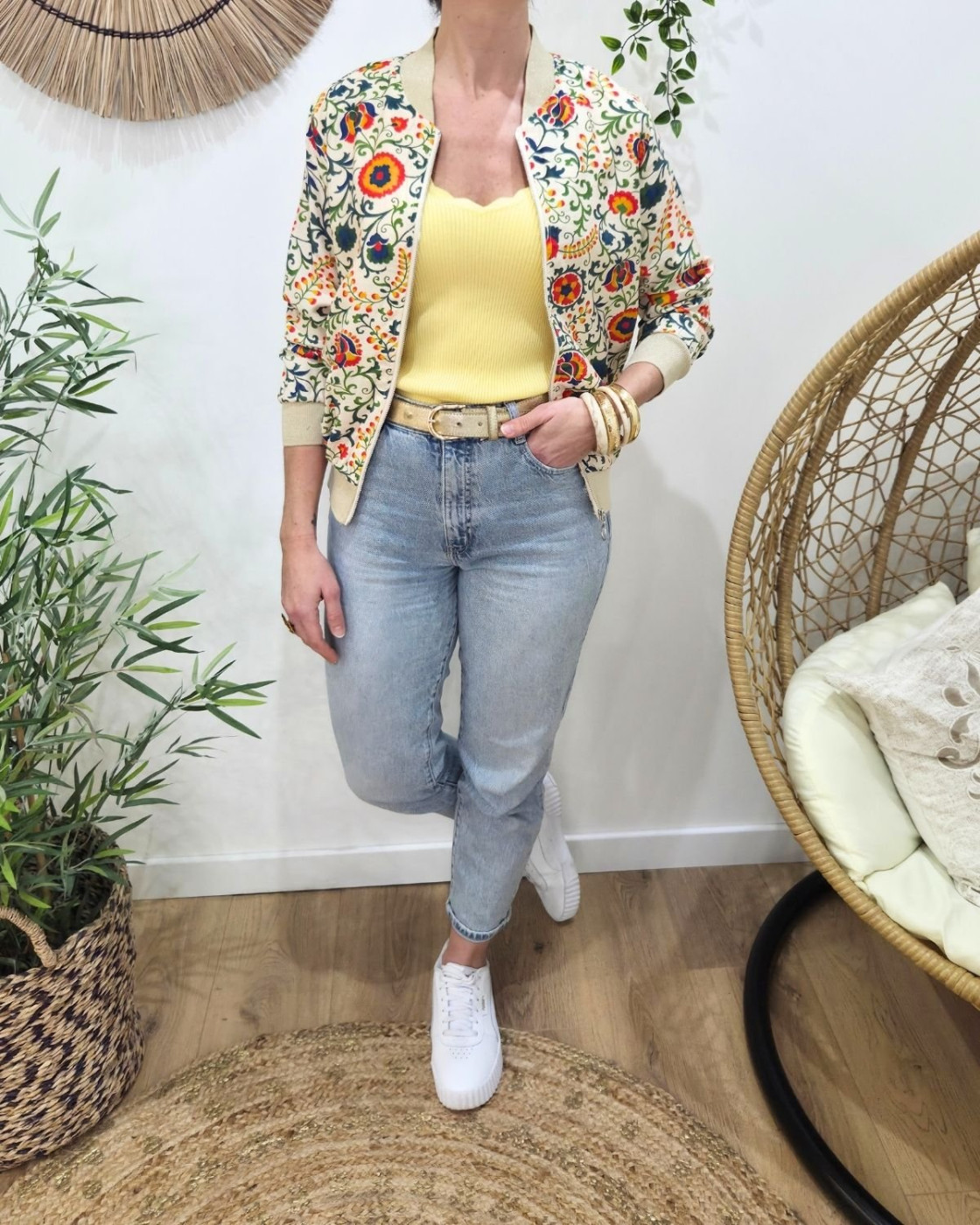 Bombers femme beige fleurs multicolores Inti