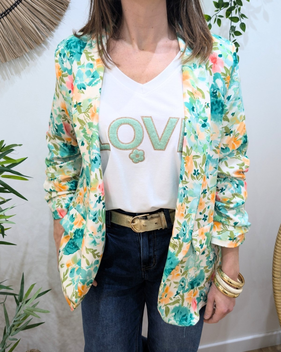 Blazer femme fleurie vert et jaune Raissa