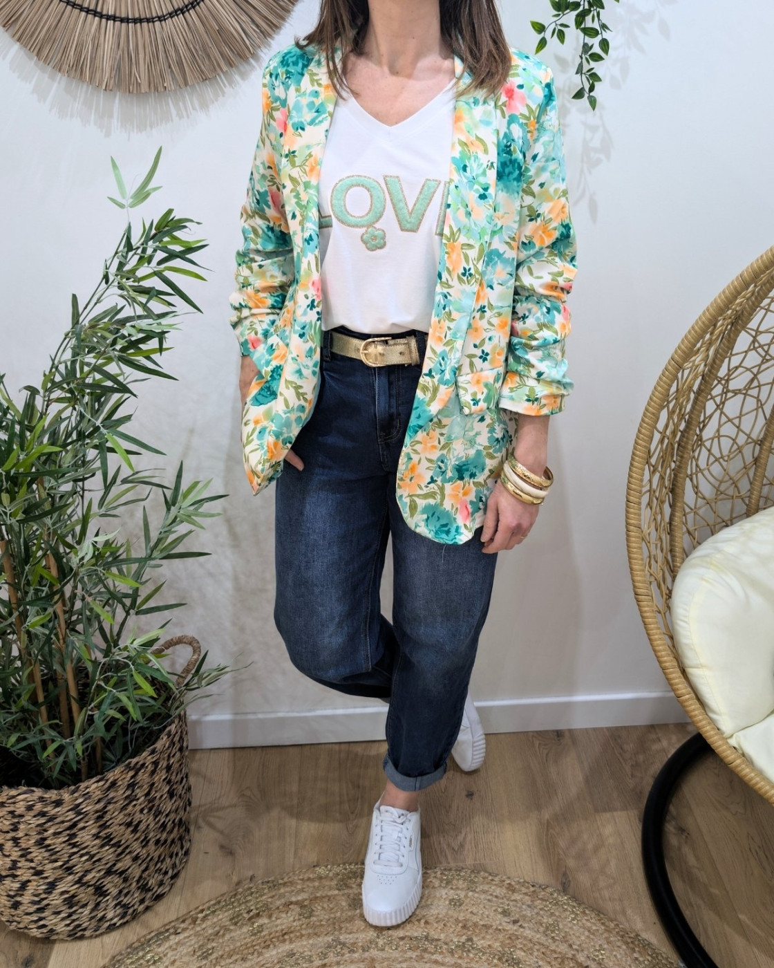 Blazer femme fleurie vert et jaune Raissa