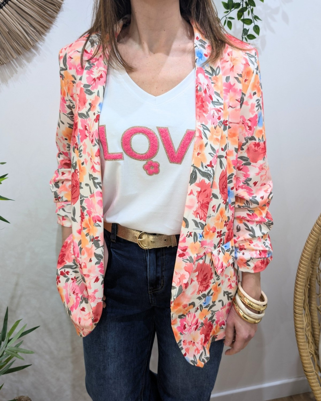 Blazer femme fleuri rose et orange Raissa