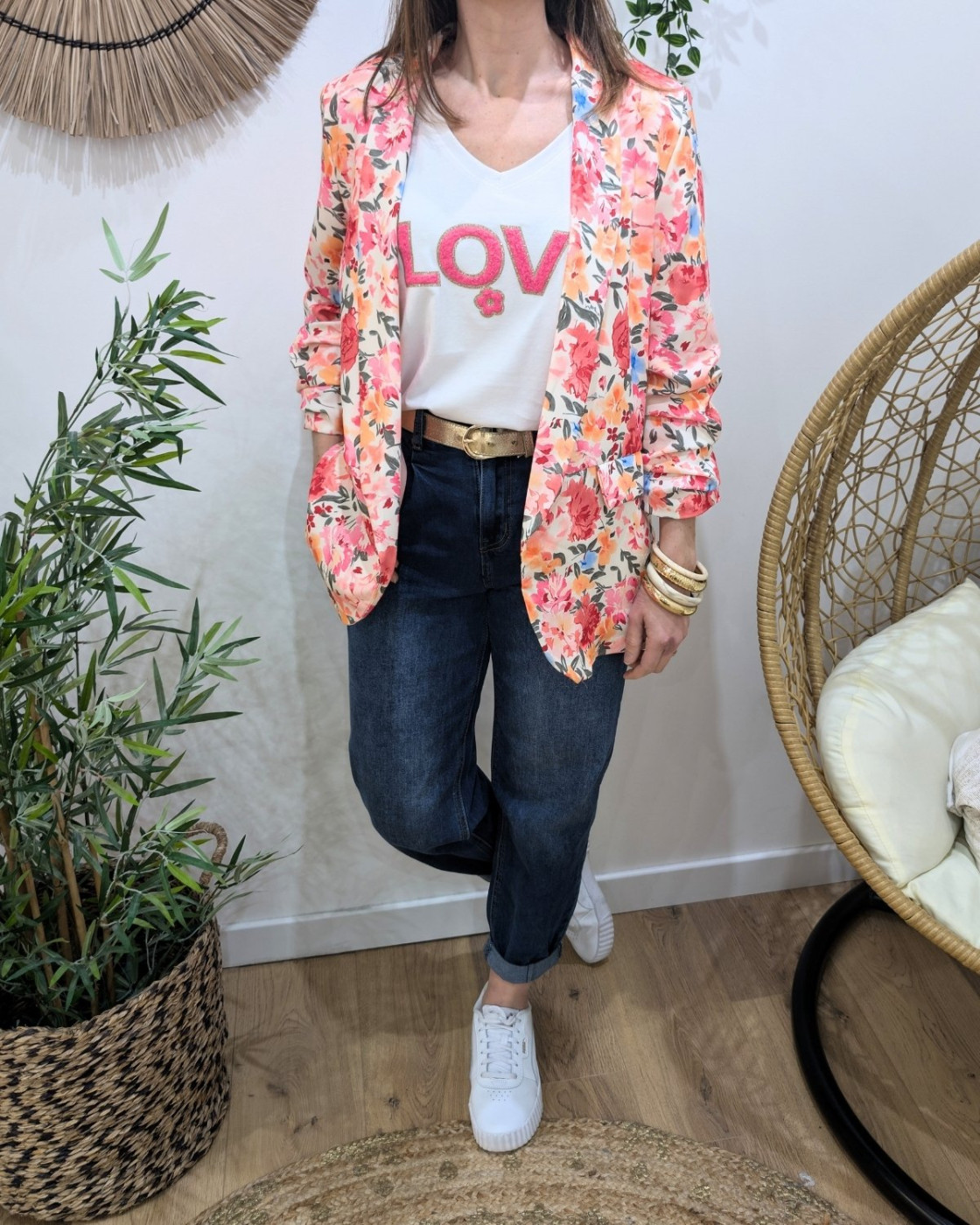Blazer femme fleuri rose et orange Raissa