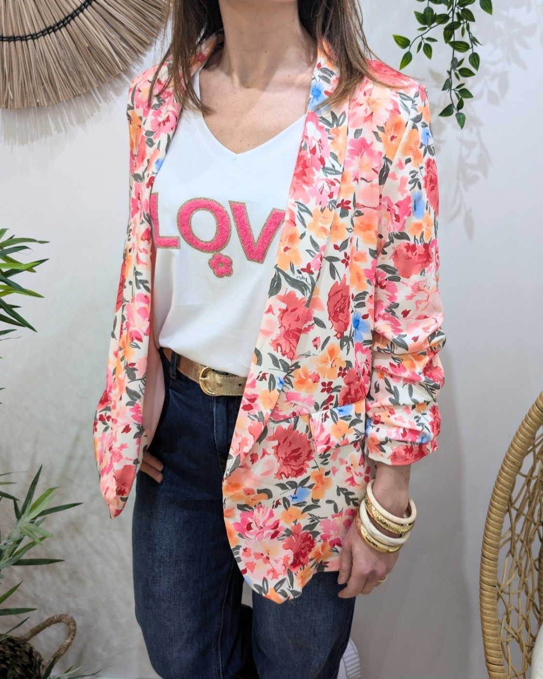 Blazer femme fleuri rose et orange Raissa