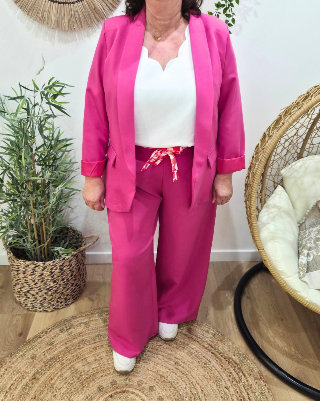 Pantalon fluide femme rose fuchsia ceinture fleurie Malea