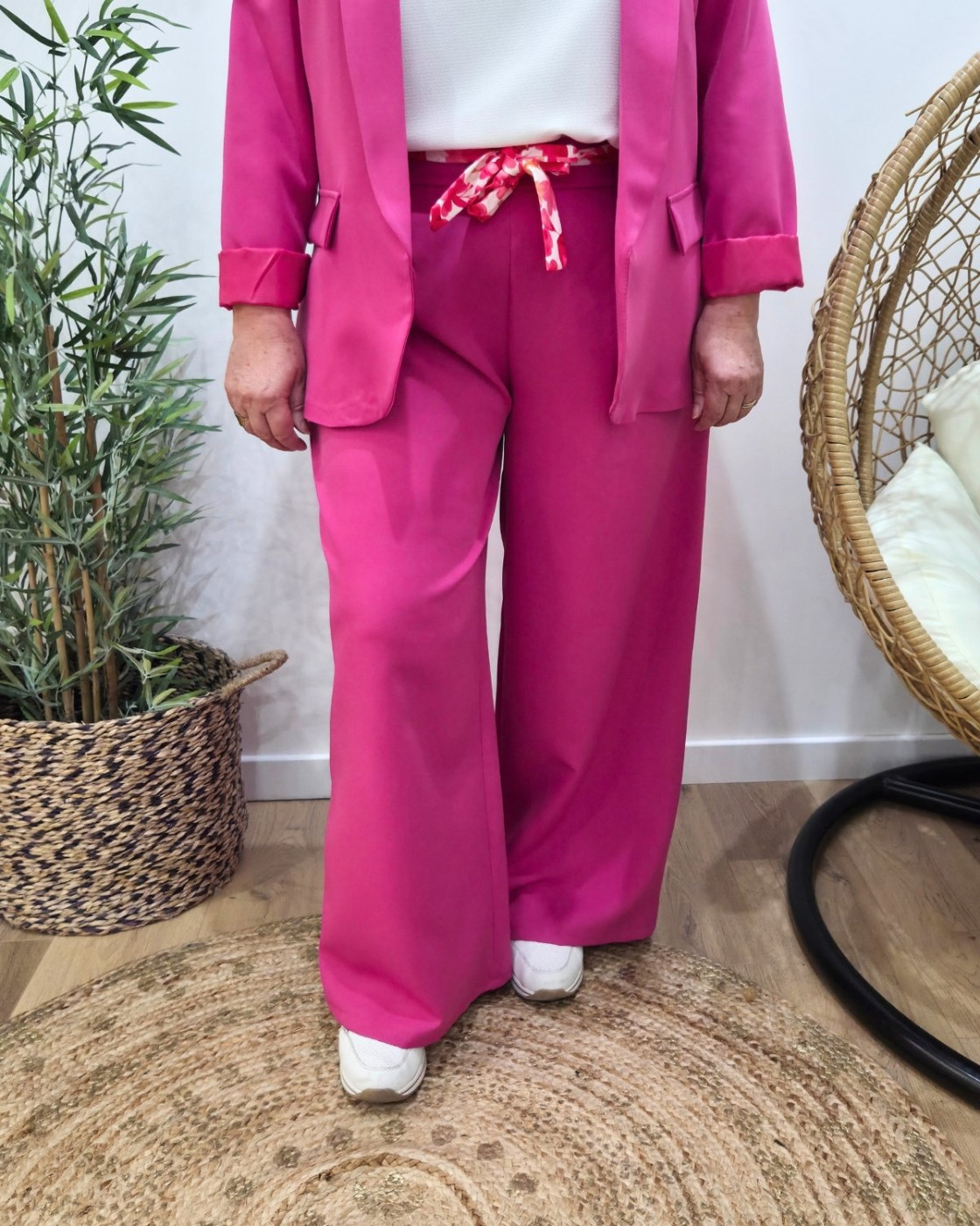 Pantalon fluide femme rose fuchsia ceinture fleurie Malea