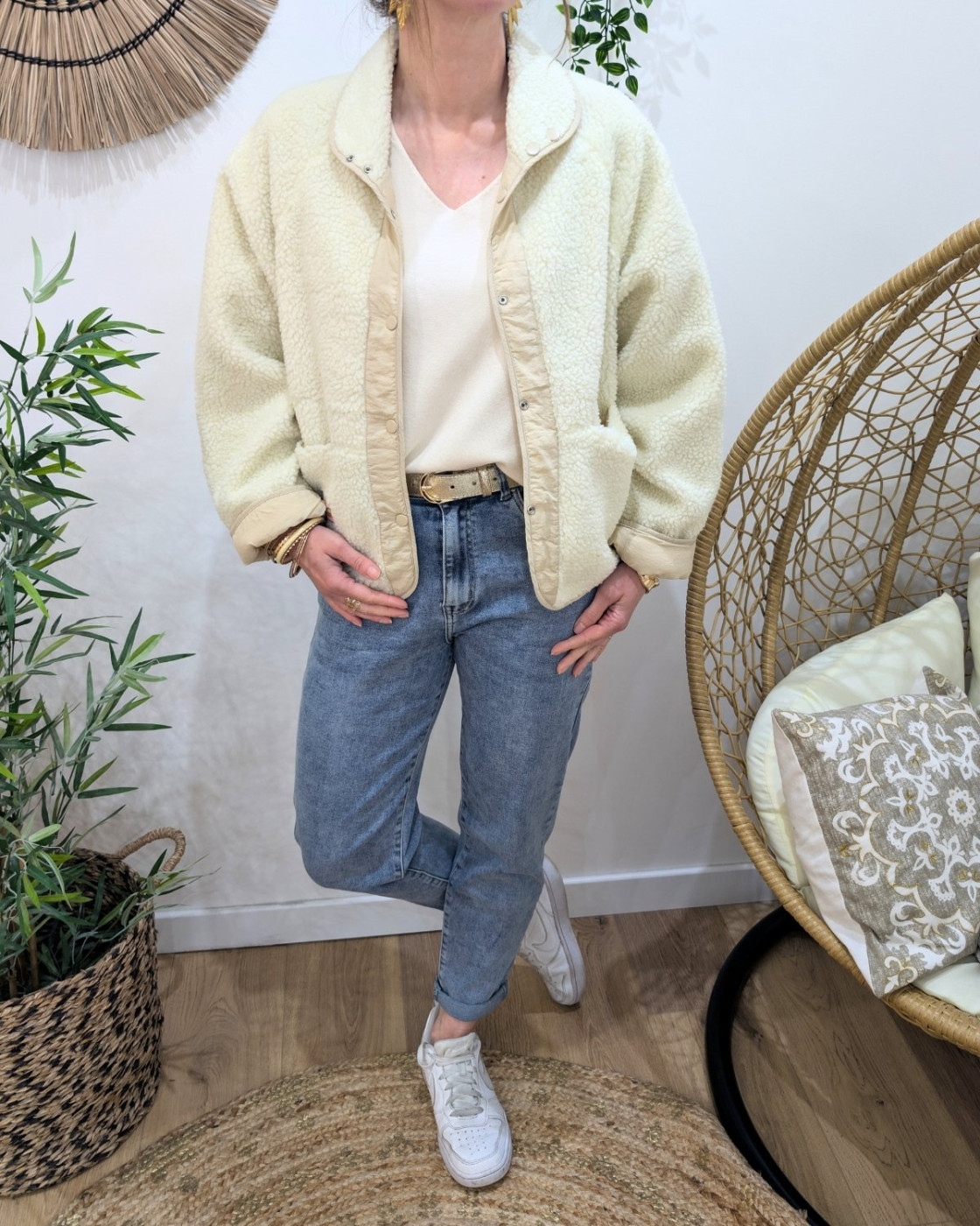 Veste femme beige à pressions imitation mouton réversible - unie