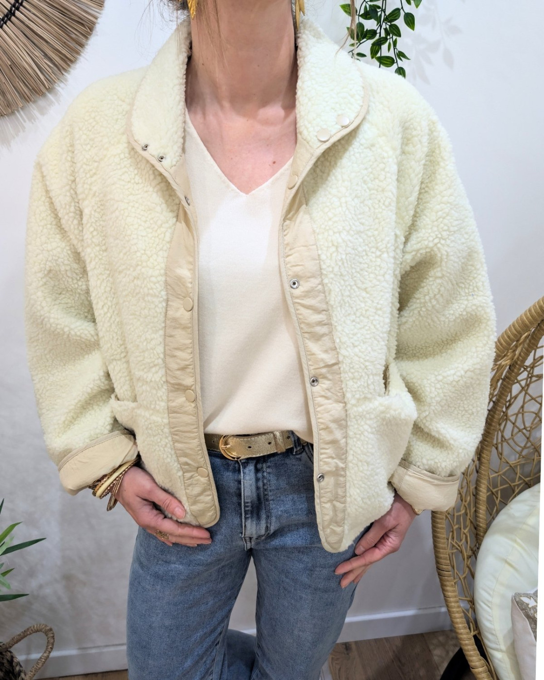 Veste femme beige à pressions imitation mouton réversible - unie