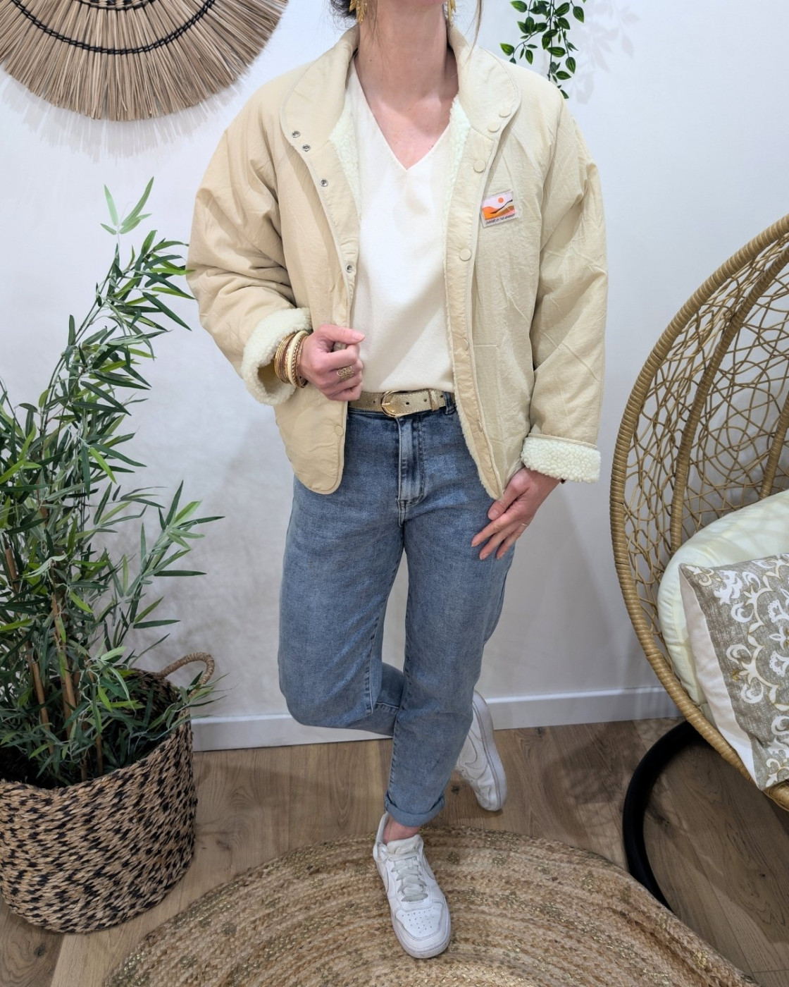 Veste femme beige à pressions imitation mouton réversible - unie