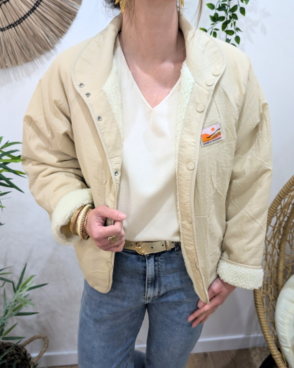 Veste femme beige à pressions imitation mouton réversible - unie