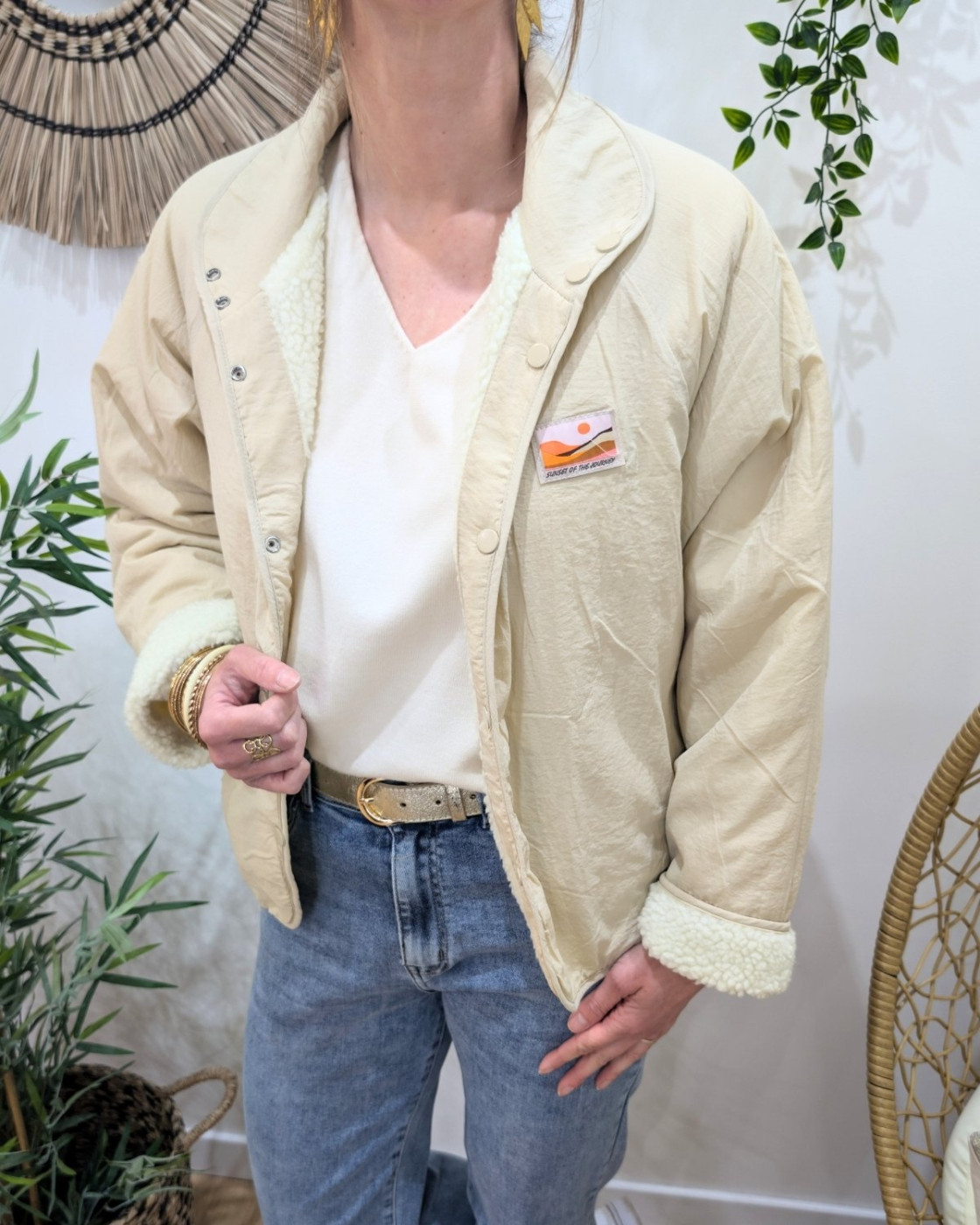 Veste femme beige à pressions imitation mouton réversible - unie