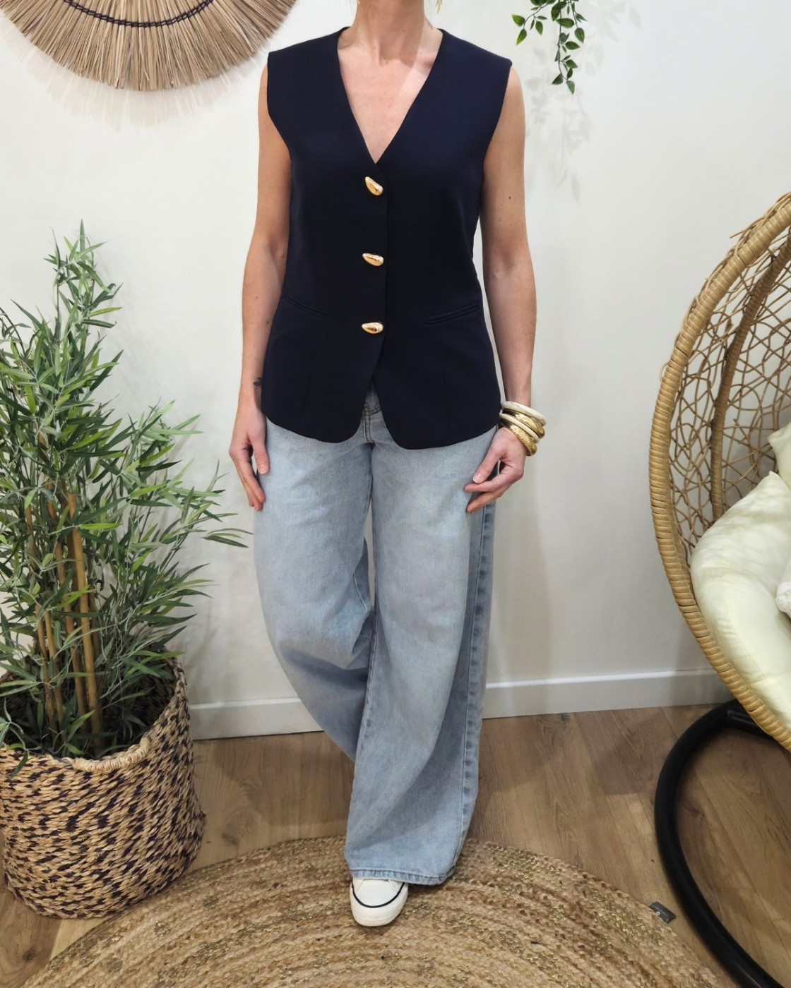 Veste sans manches femme marine boutons dorés Elio