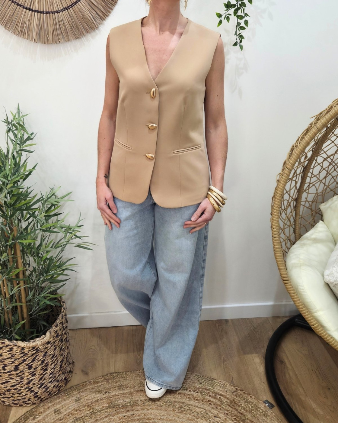 Veste sans manches femme camel clair boutons dorés Elio