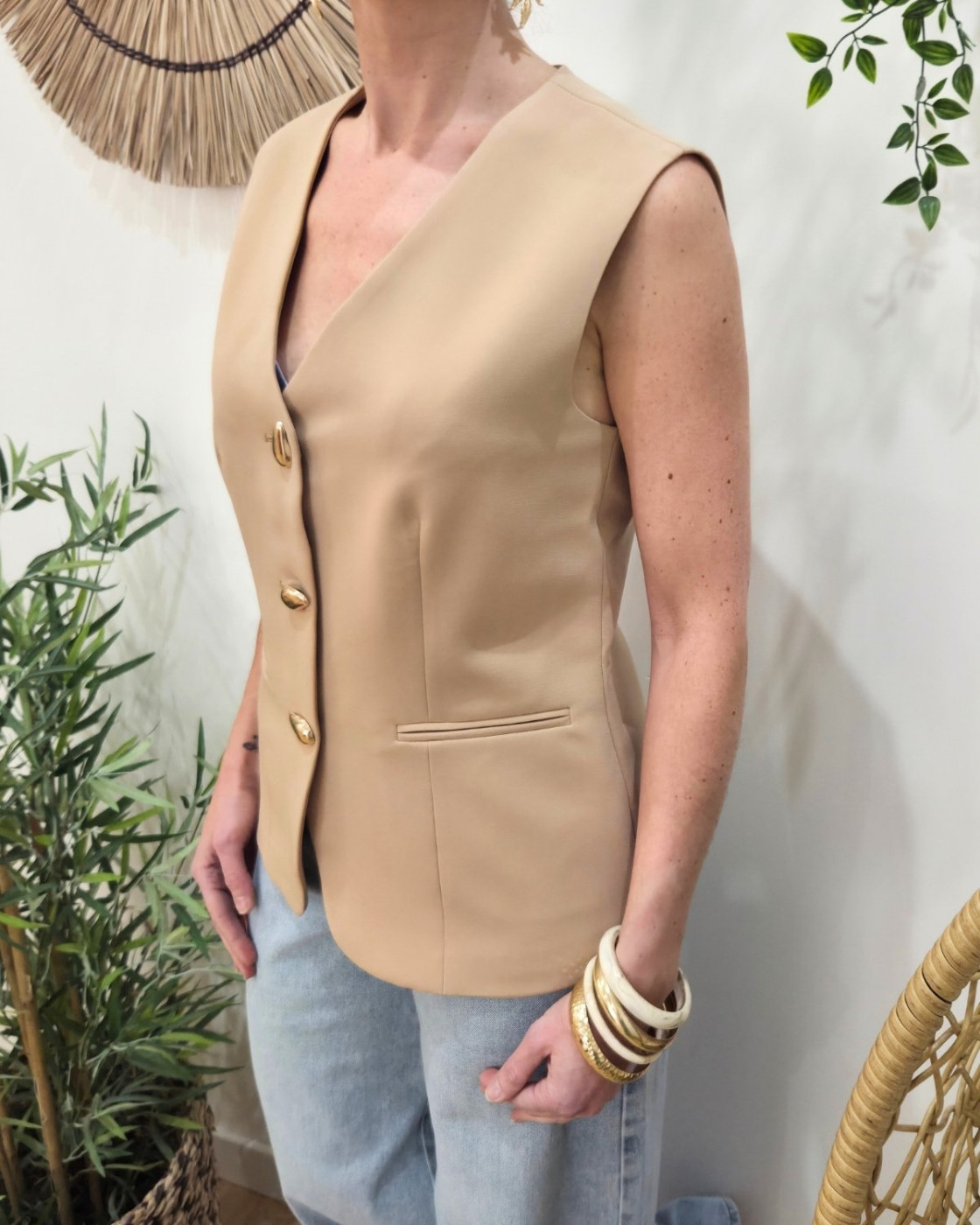 Veste sans manches femme camel clair boutons dorés Elio