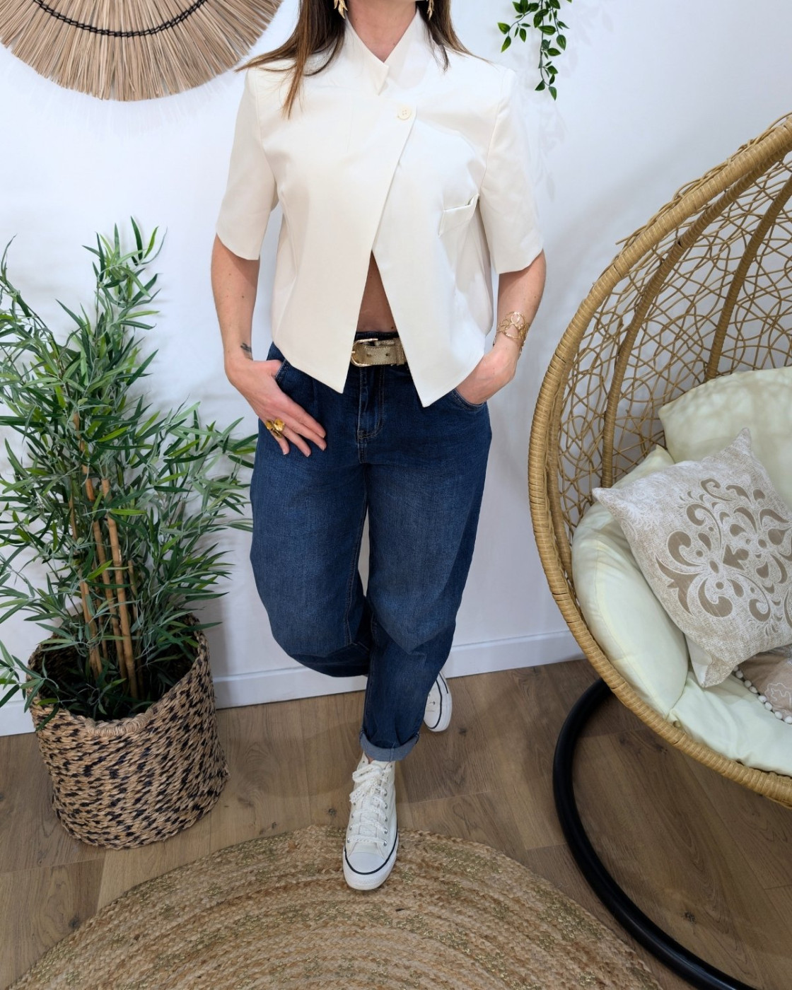 Blazer femme asymétrique court écru