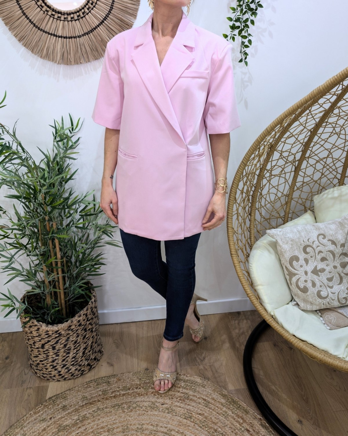 Blazer long femme manches courtes avec fentes sur les côtés rose 