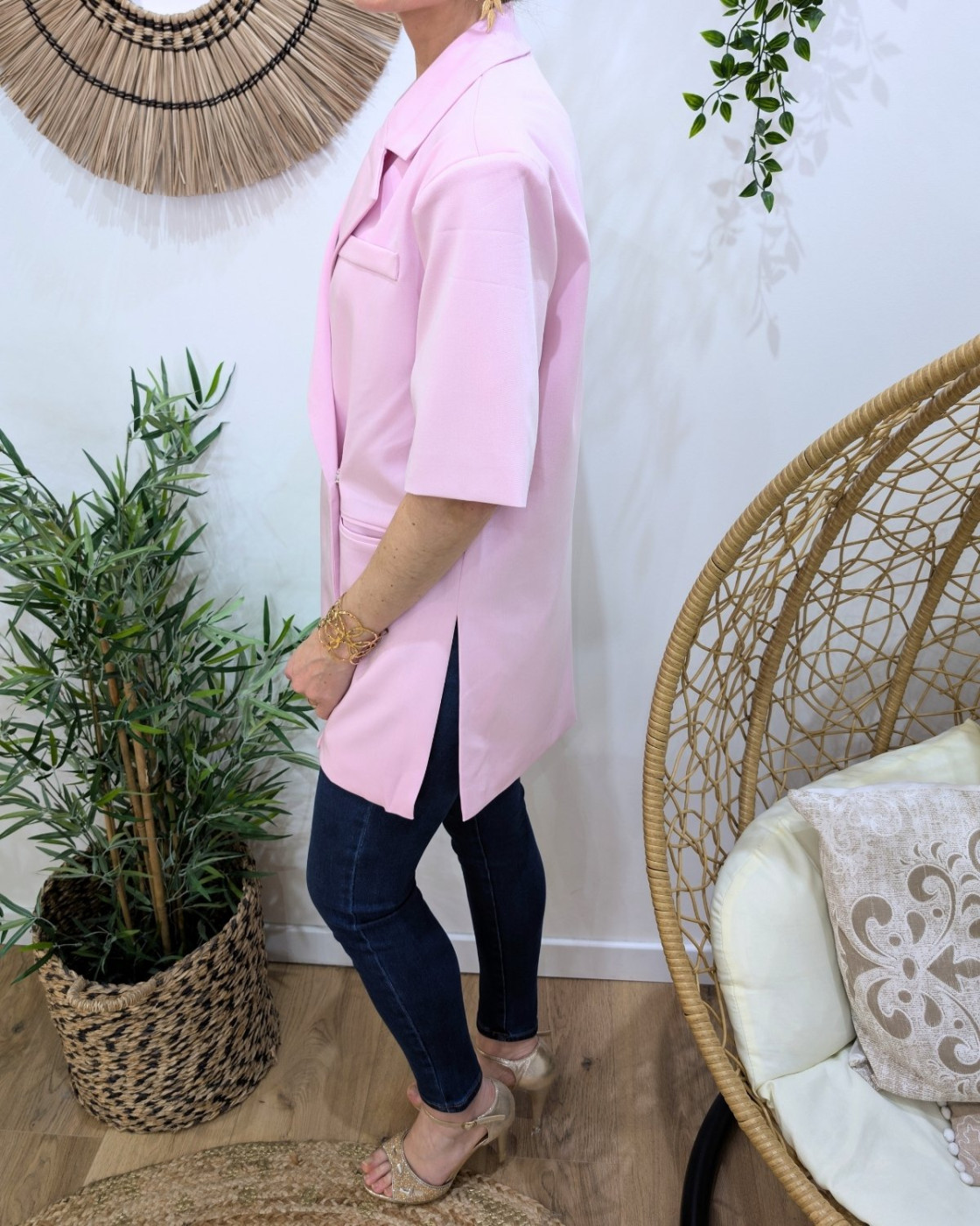 Blazer long femme manches courtes avec fentes sur les côtés rose 