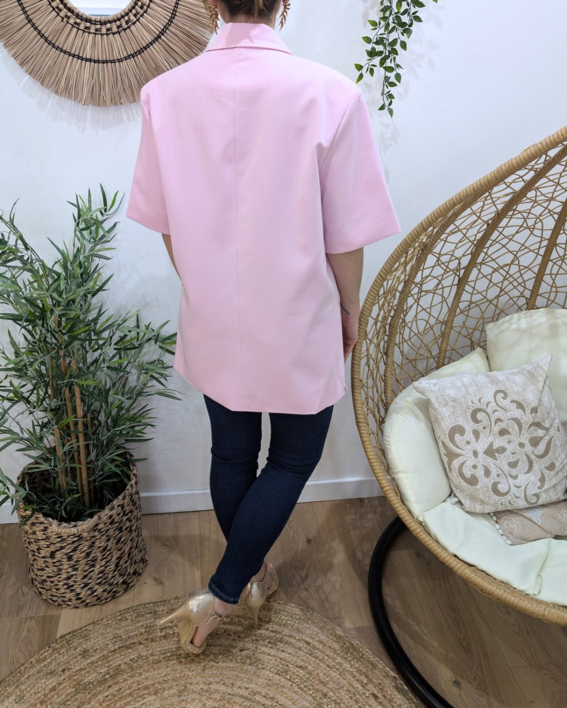 Blazer long femme manches courtes avec fentes sur les côtés rose 