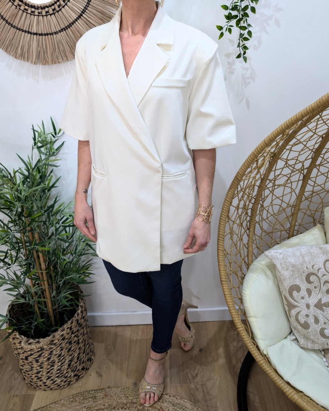 Blazer long femme manches courtes avec fentes sur les côtés écru 