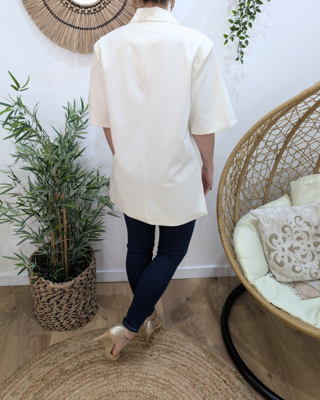 Blazer long femme manches courtes avec fentes sur les côtés écru 