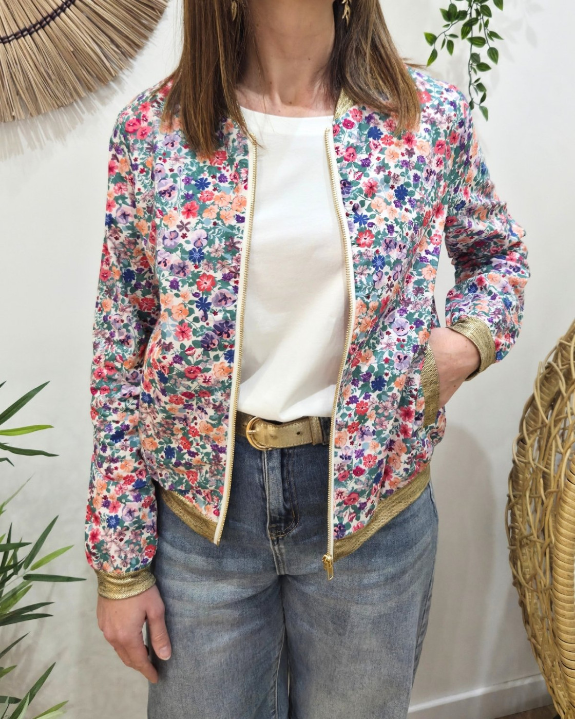 Bombers femme vert fleurs multicolores Flavia