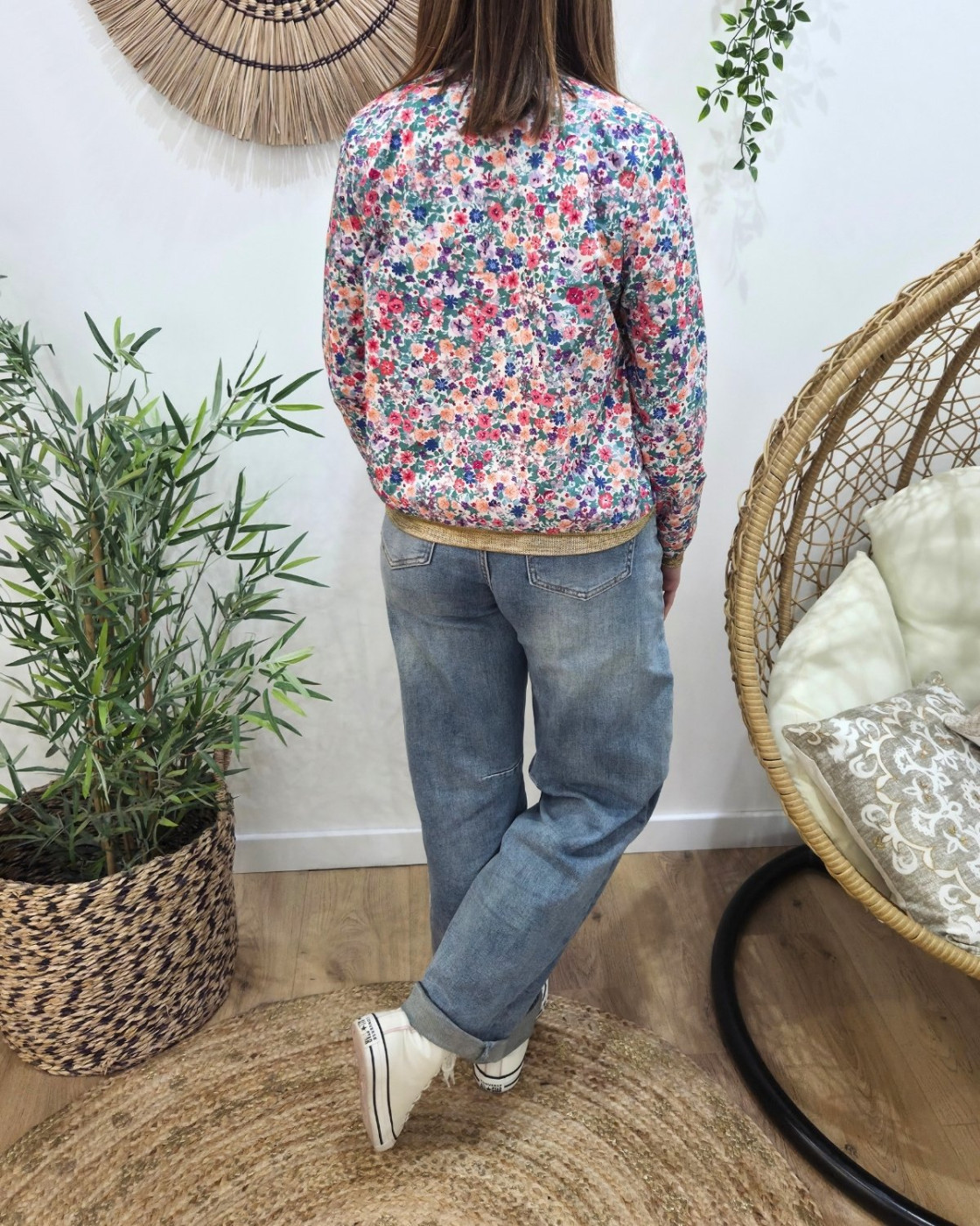 Bombers femme vert fleurs multicolores Flavia