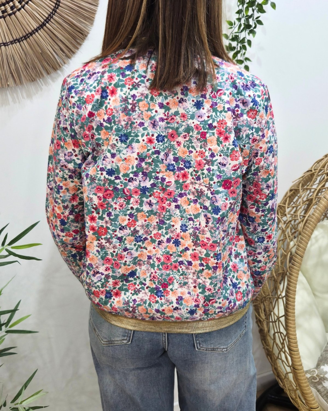 Bombers femme vert fleurs multicolores Flavia